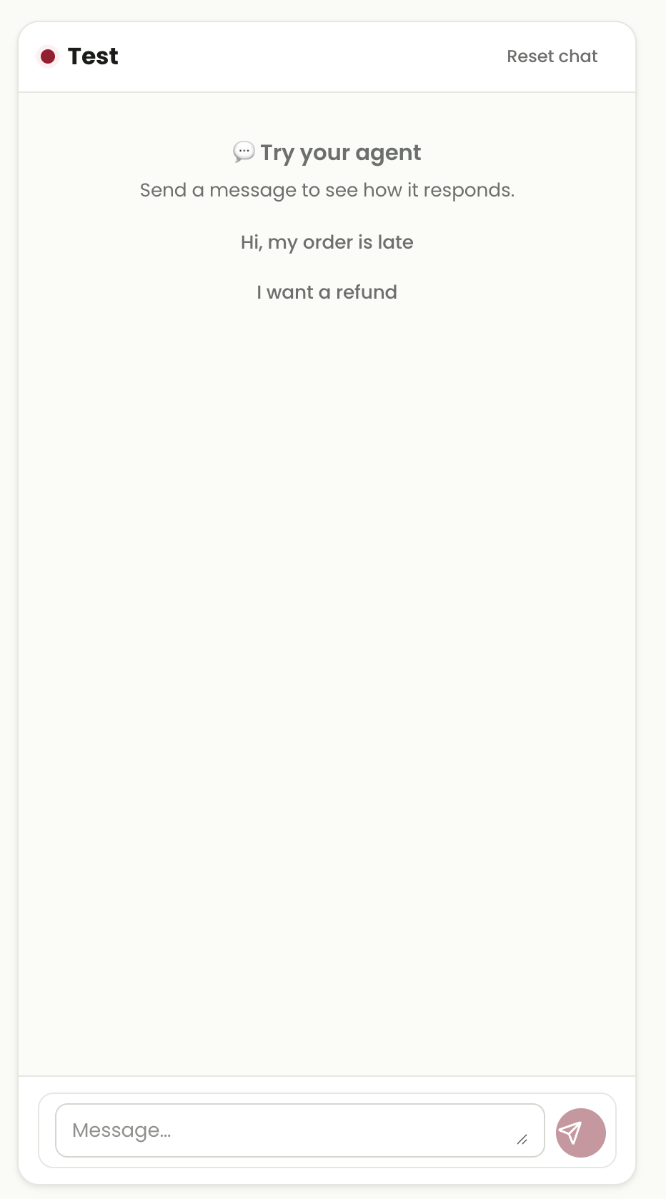 Agentic Worker Test panel showing Reset chat, suggested messages for a late order and a refund request, and a message input.