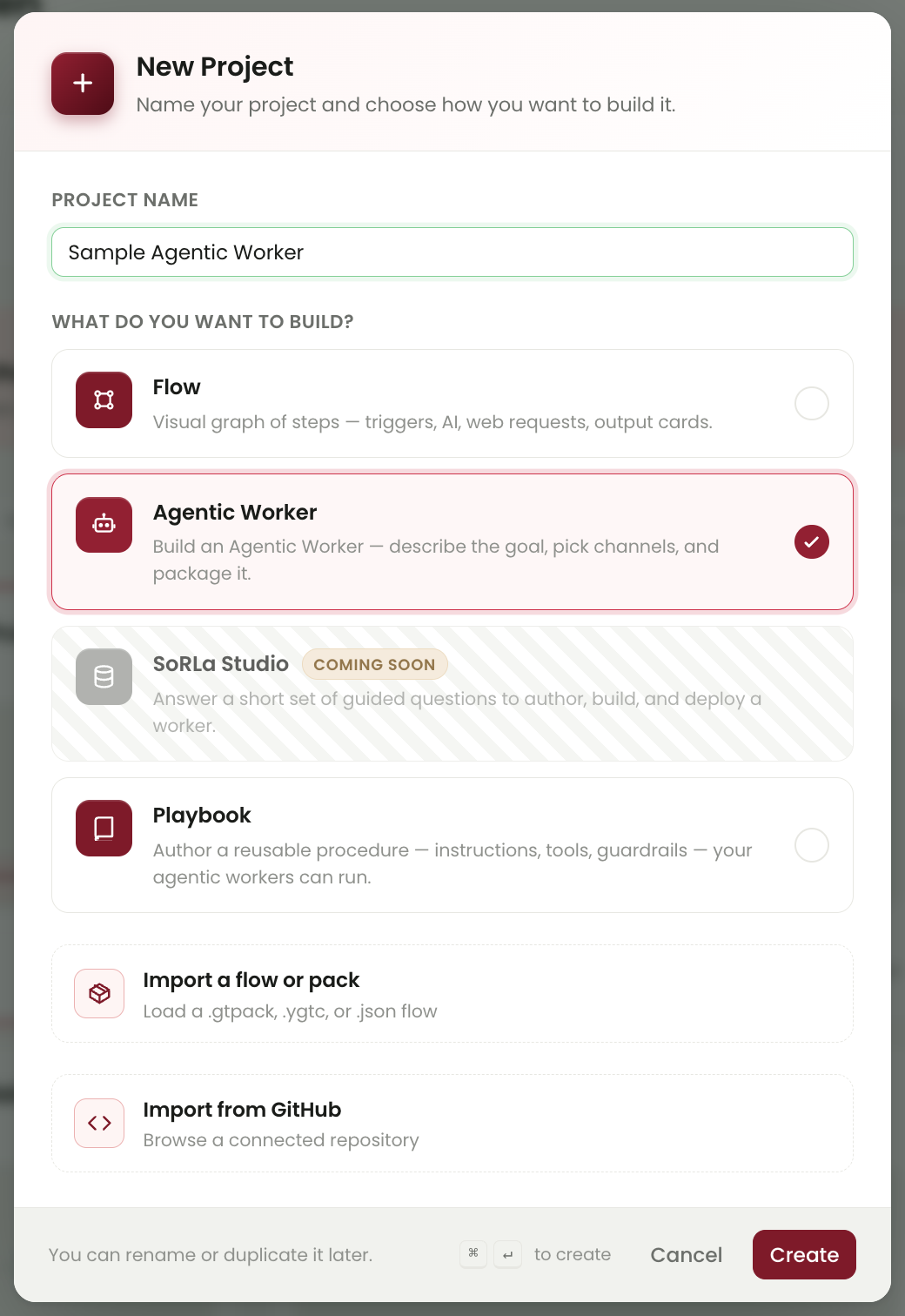 New Project dialog with Sample Agentic Worker as the project name and Agentic Worker selected.