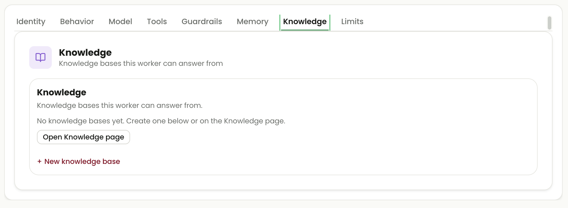 Agentic Worker Knowledge tab showing no knowledge bases yet, Open Knowledge page and New knowledge base actions.