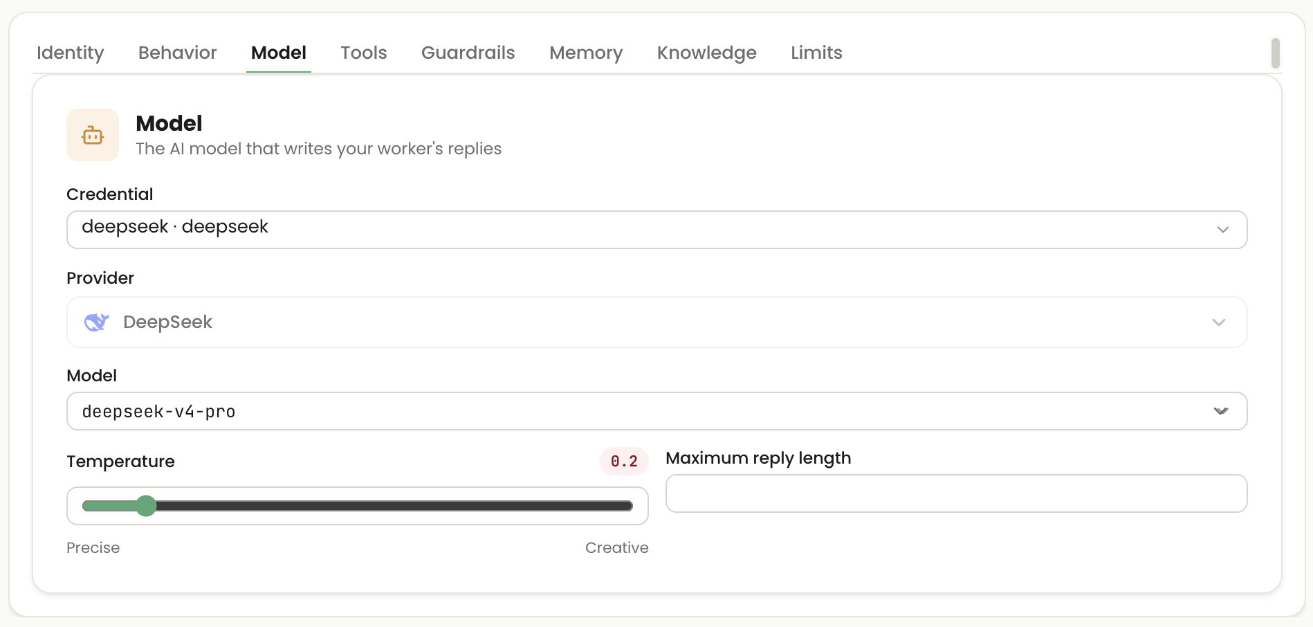 Agentic Worker Model tab showing a credential, provider, model identifier, temperature slider and maximum reply length.