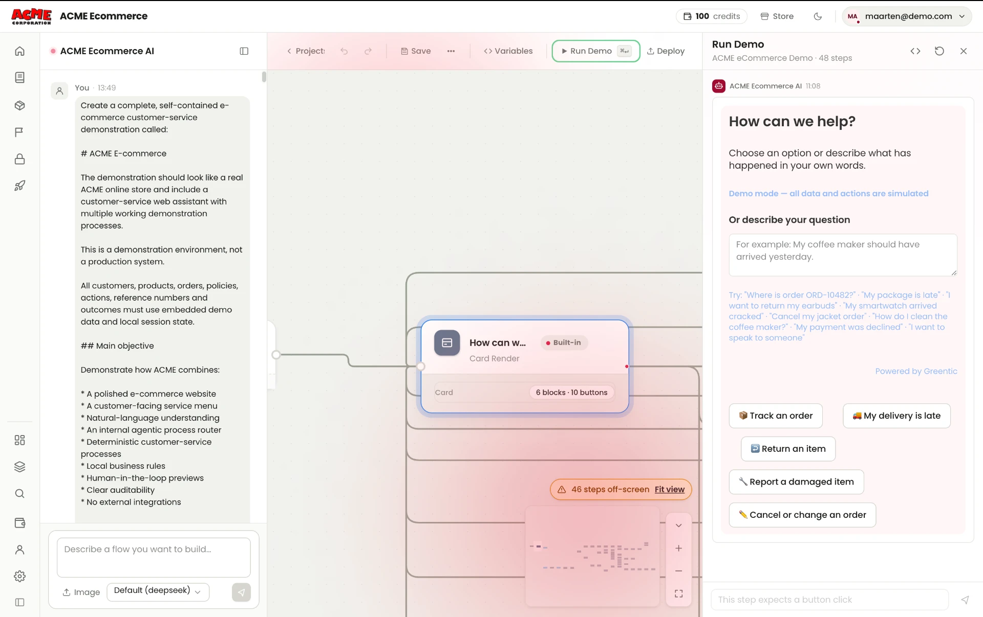 Greentic Flow Editor showing an AI design conversation on the left, a process canvas in the centre and a customer-facing Run Demo preview on the right.