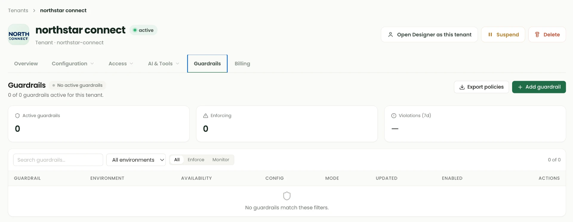Tenant Guardrails page showing Active guardrails, Enforcing and Violations summary cards, search and environment filters, mode filters, an empty policy table, Export policies and Add guardrail buttons.