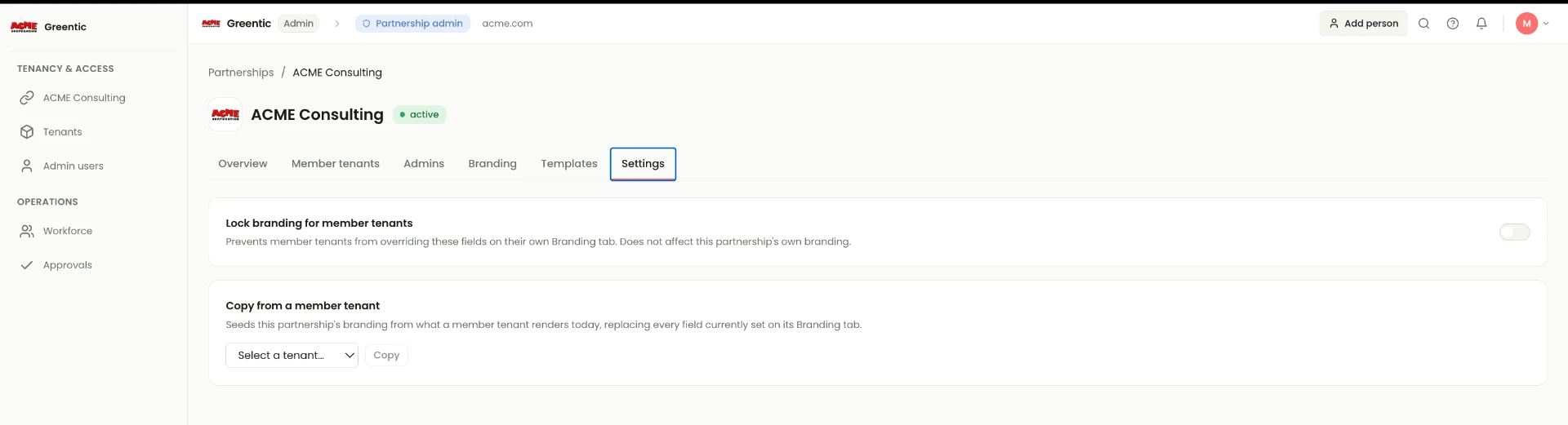 Partnership Settings tab showing a Lock branding for member tenants toggle and a Copy from a member tenant panel with a tenant selector and Copy button.