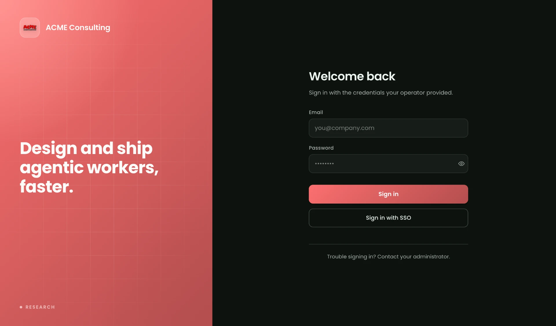 ACME Consulting branded Designer sign-in page with red gradient panel, ACME logo and Sign in with SSO.