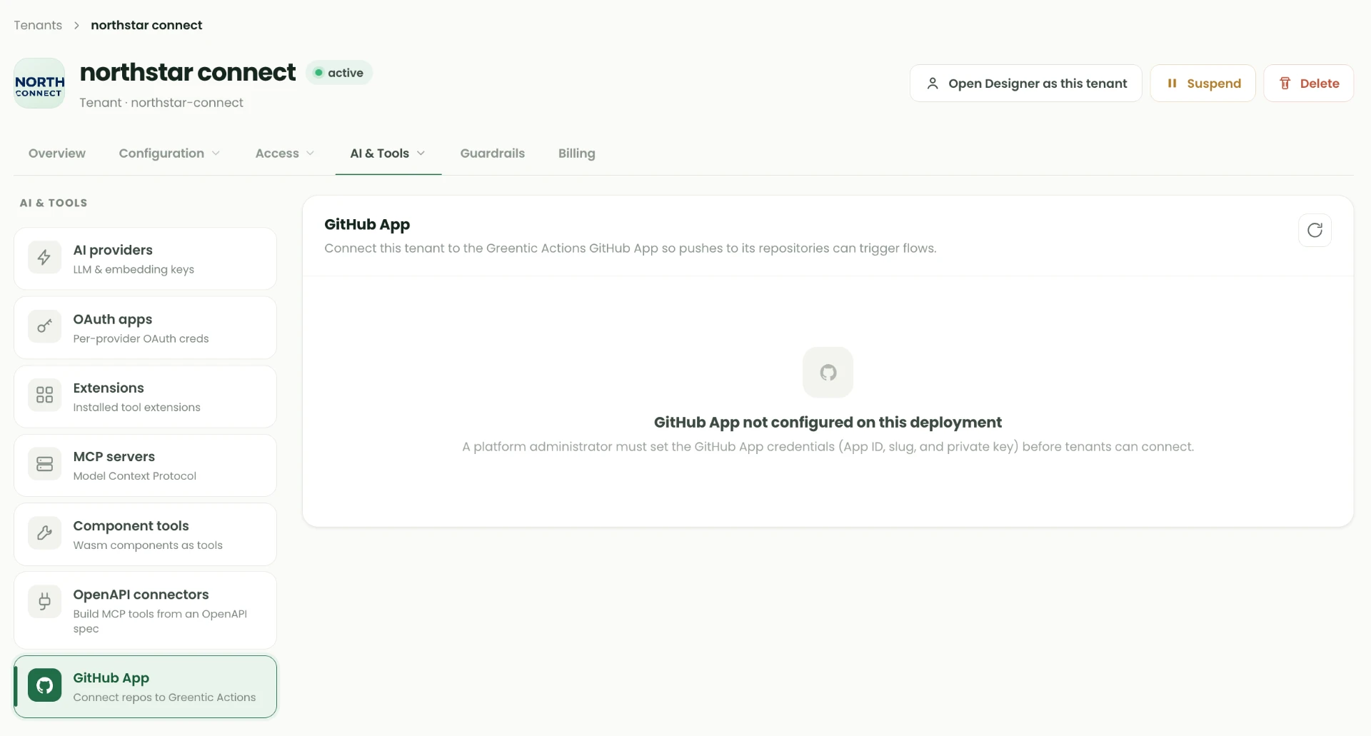 Tenant GitHub App page showing that the GitHub App is not configured on this deployment and must be set up by a platform administrator.