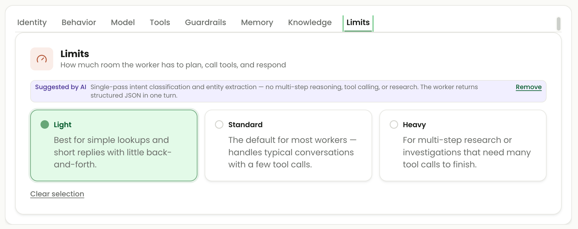 Agentic Worker Limits tab with Light selected and Standard and Heavy options, plus an AI suggestion for single-pass classification.