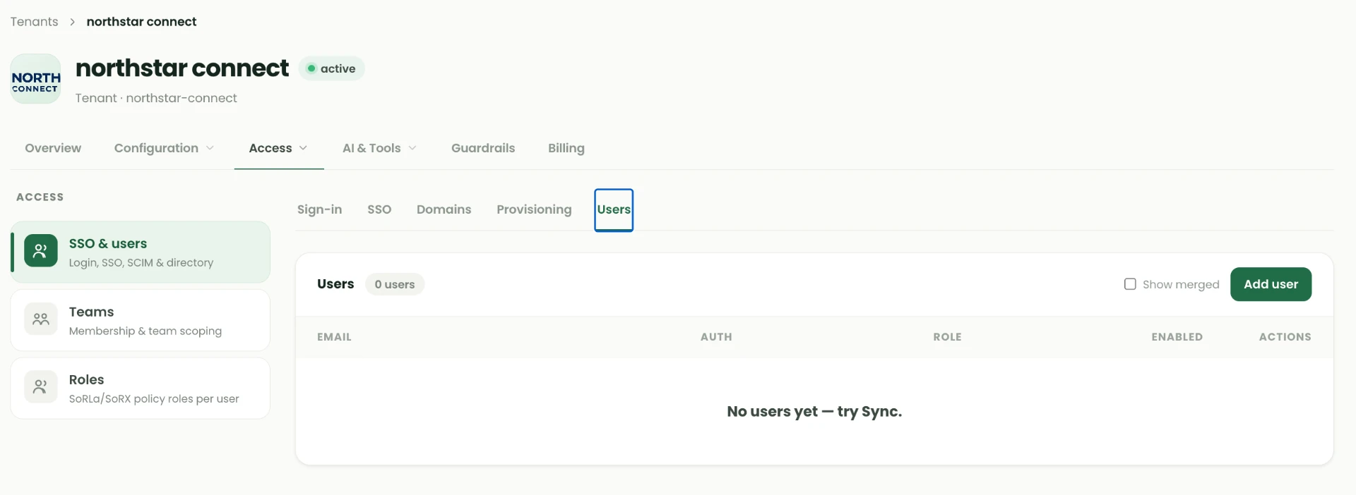 Tenant Users tab showing an empty user list with a user count, a Show merged checkbox and an Add user button.