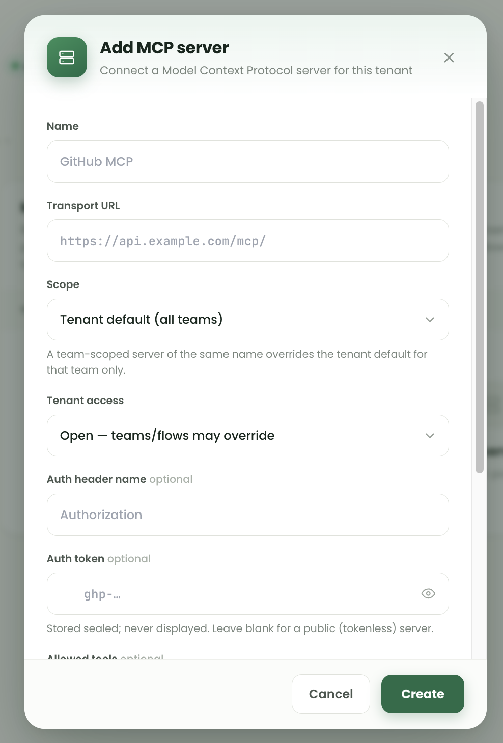 Add MCP server dialog showing name, transport URL, scope, tenant access, authentication header name and authentication token fields.