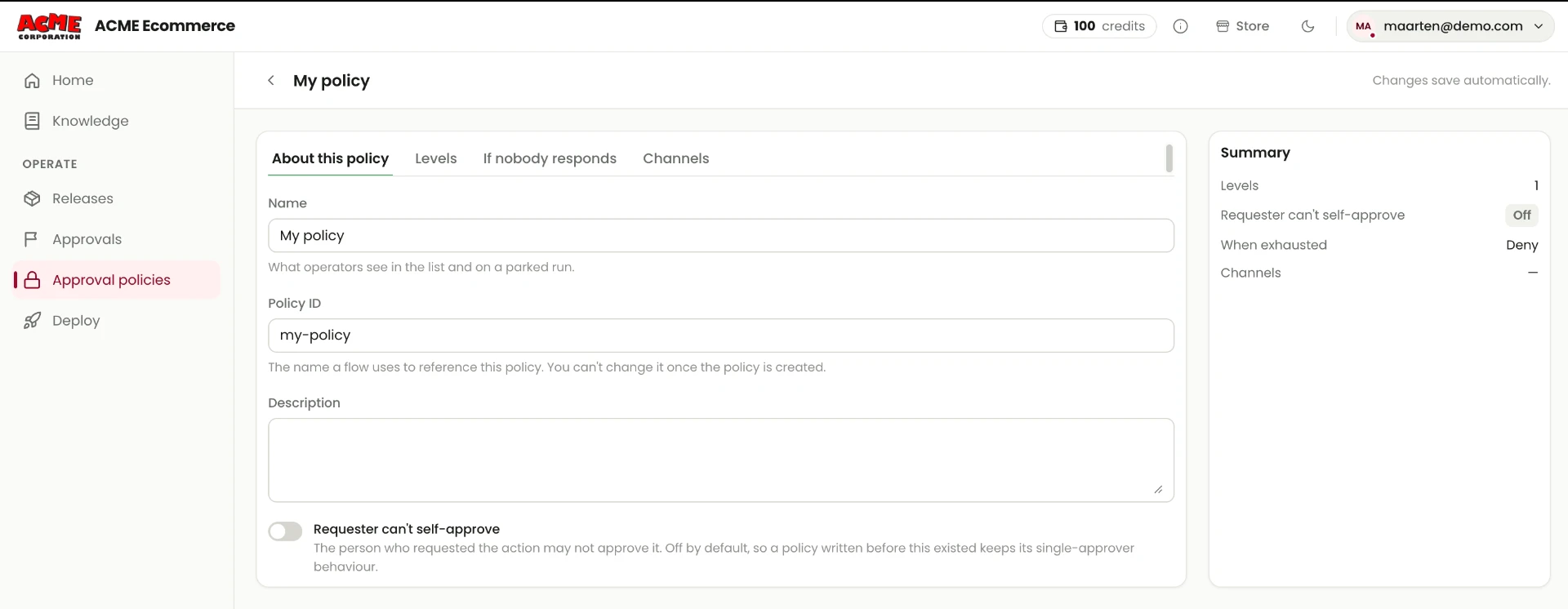 Approval policy About this policy tab showing Name, Policy ID, Description, Requester cannot self-approve and a policy summary.