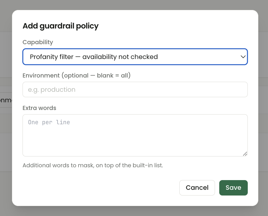 Add guardrail policy dialog with Profanity filter selected, an optional Environment field and an Extra words text area.