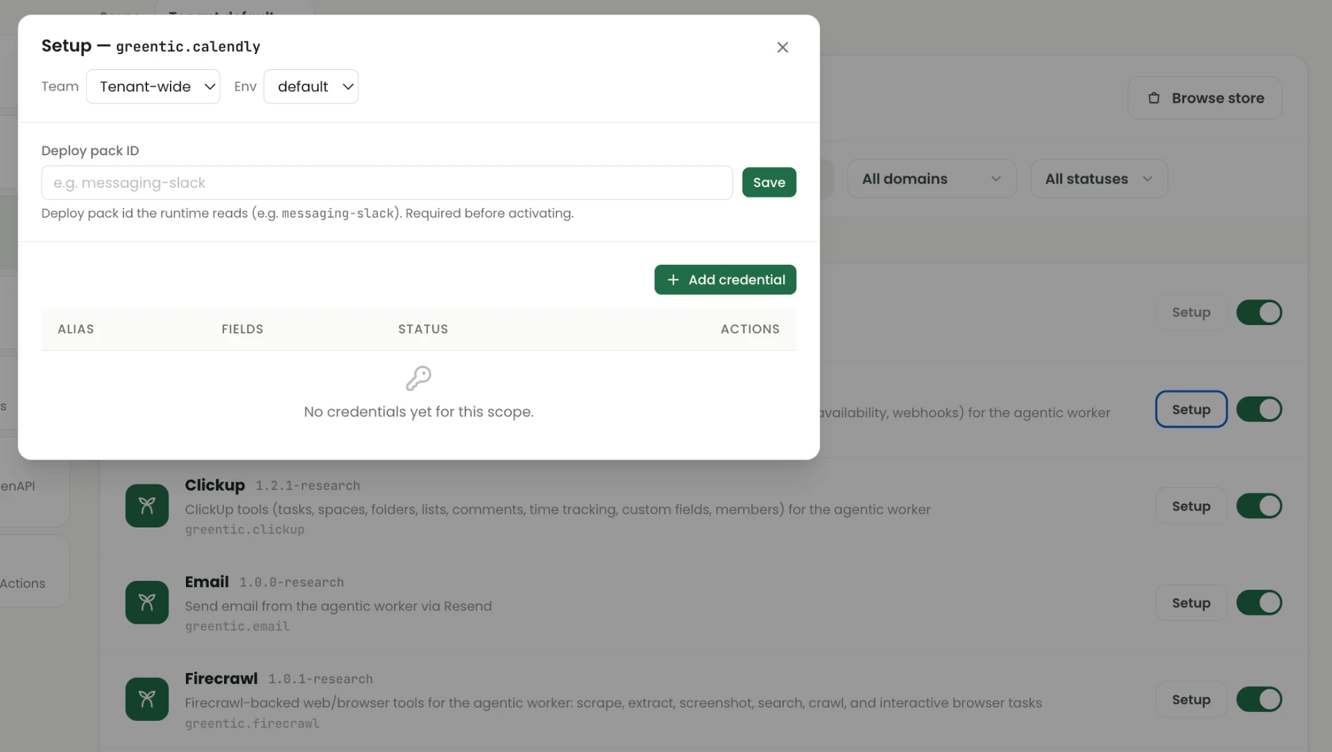 Extension setup dialog with team and environment selectors, a deploy pack ID field with Save, and an empty credentials table with an Add credential button.