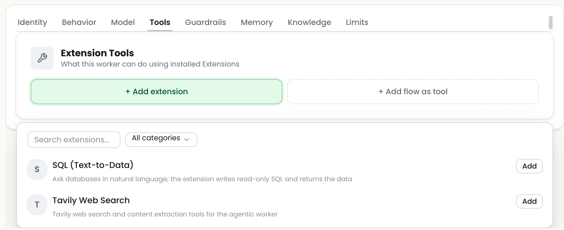 Agentic Worker Tools tab showing Add extension, Add flow as tool, extension search and available SQL and web-search extensions.