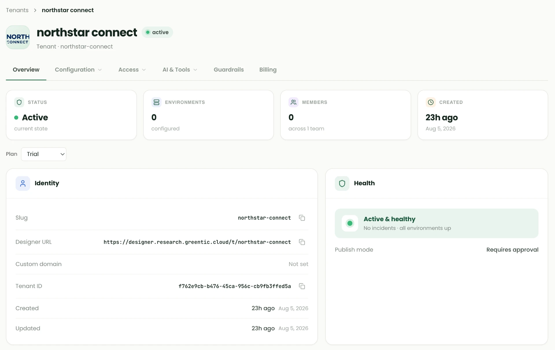 Tenant overview for northstar connect showing status, environments, members, created date, plan selector, identity details and health panel.