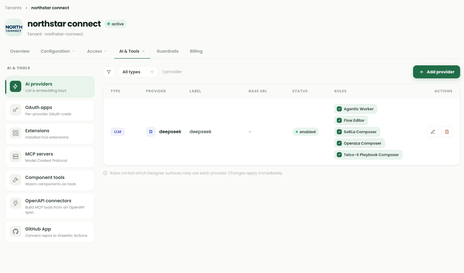 Tenant AI & Tools screen listing an enabled deepseek LLM provider with role badges, alongside OAuth apps, extensions, MCP servers, component tools, OpenAPI connectors and GitHub App sections.