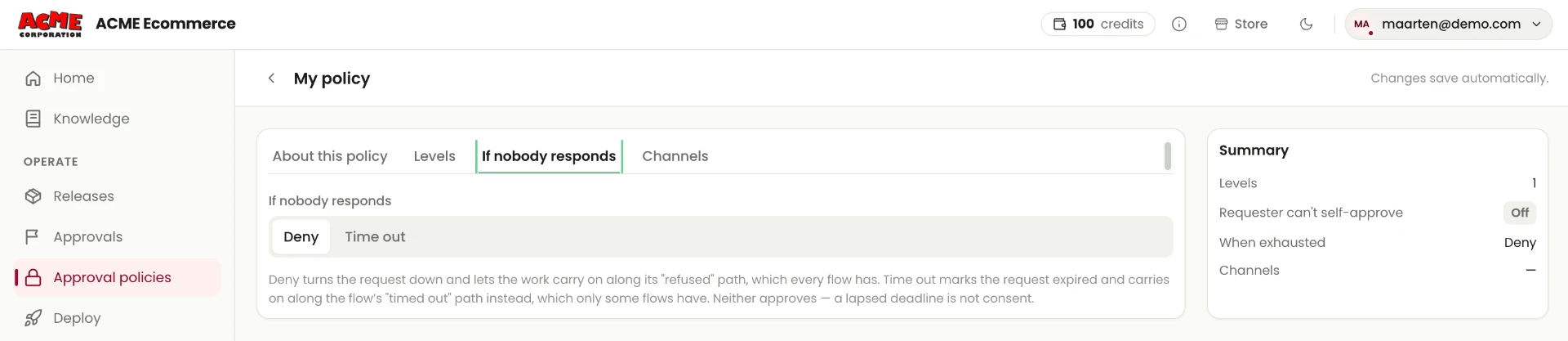 Approval policy If nobody responds tab with Deny selected and Time out available.