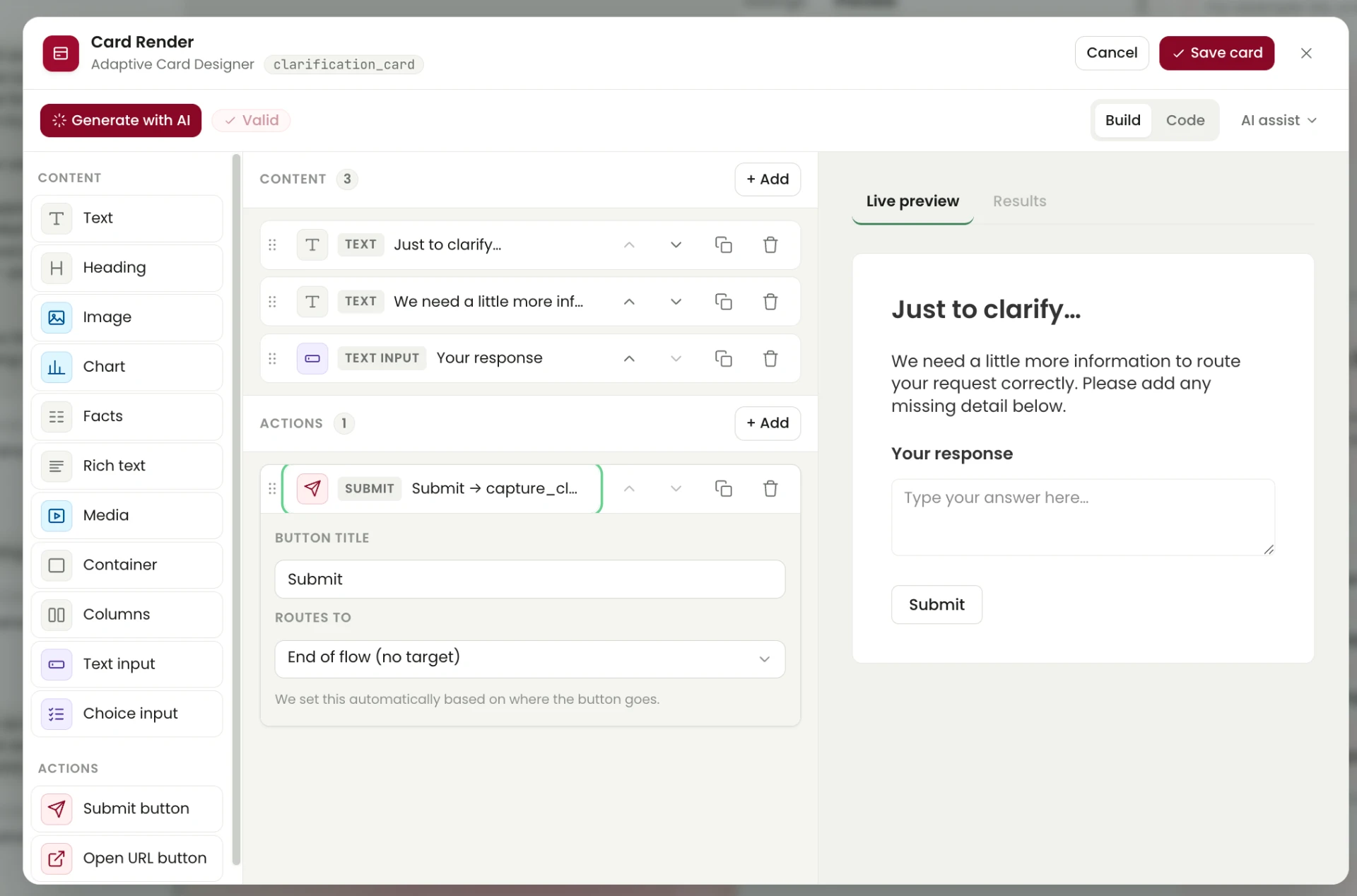 Adaptive Card Designer showing selected Submit action properties with Button title and Routes to End of flow with no target.