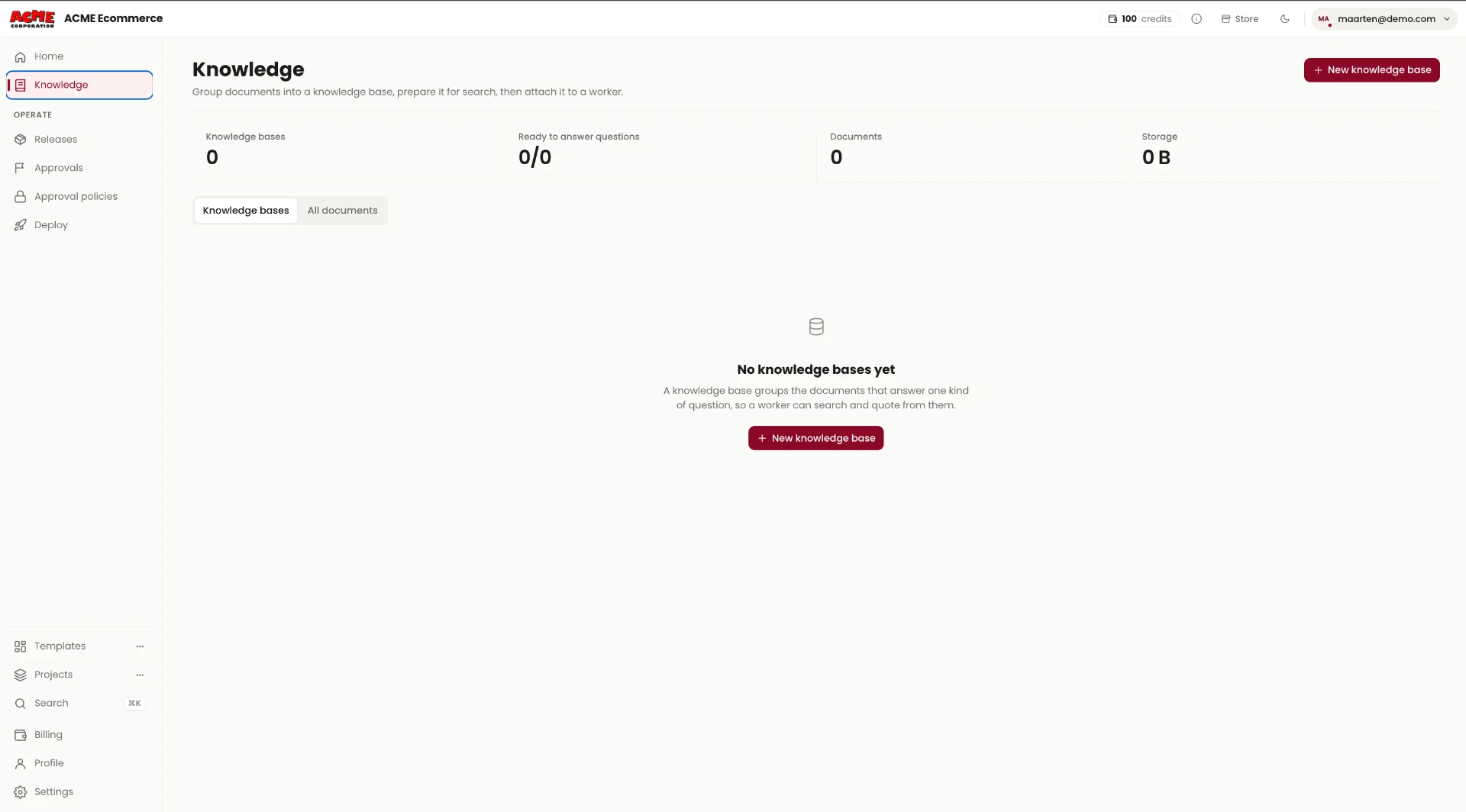 Designer Knowledge page showing zero knowledge bases, zero ready to answer questions, zero documents, zero storage and a New knowledge base action.