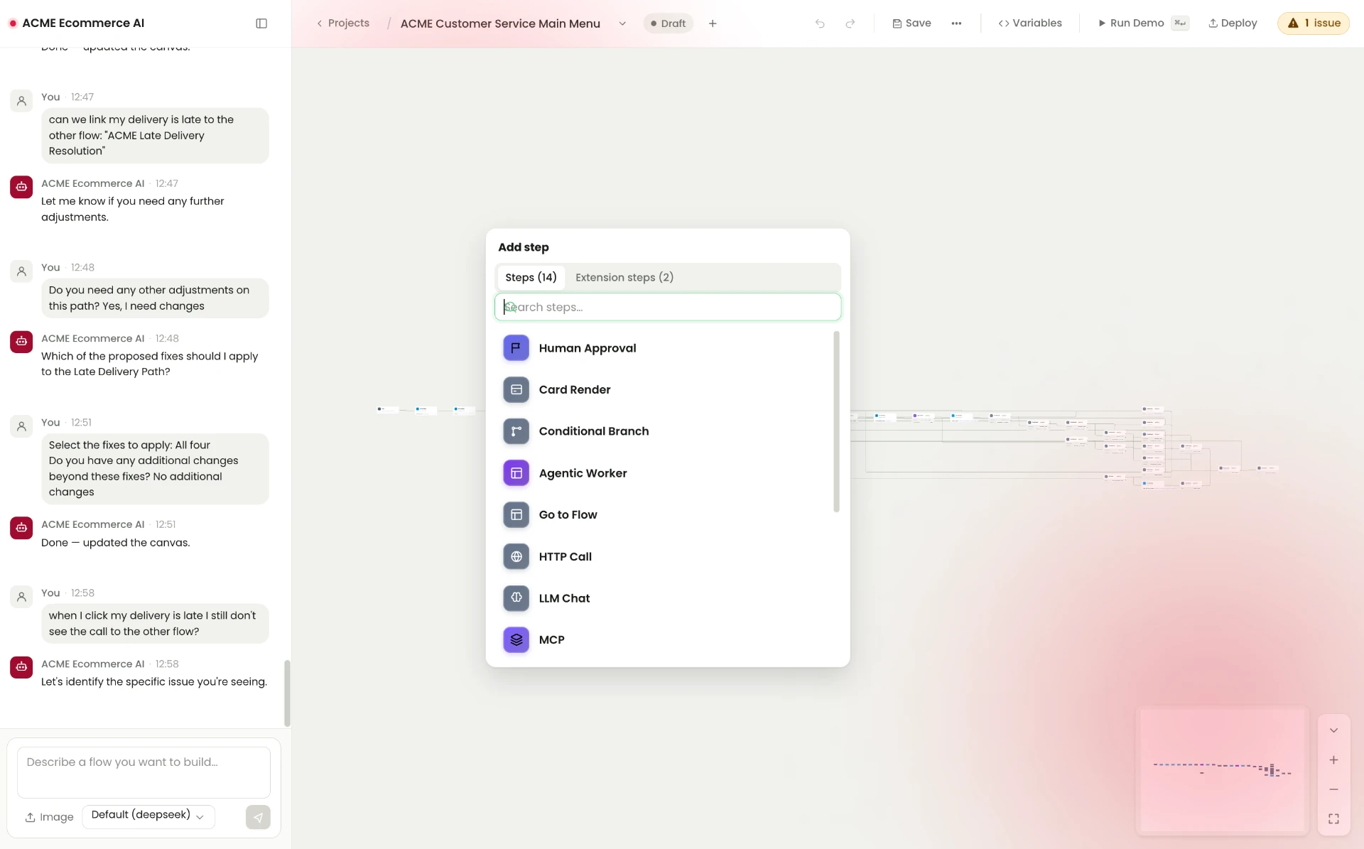 Flow Editor Add Step dialog listing Human Approval, Card Render, Conditional Branch, Agentic Worker, Go to Flow, HTTP Call, LLM Chat and MCP, with tabs for built-in steps and extension steps.