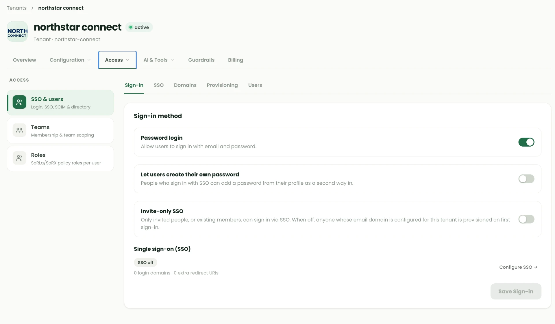 Tenant Access Sign-in tab showing toggles for password login, letting SSO users create their own password and invite-only SSO, plus a single sign-on summary with a Configure SSO link.