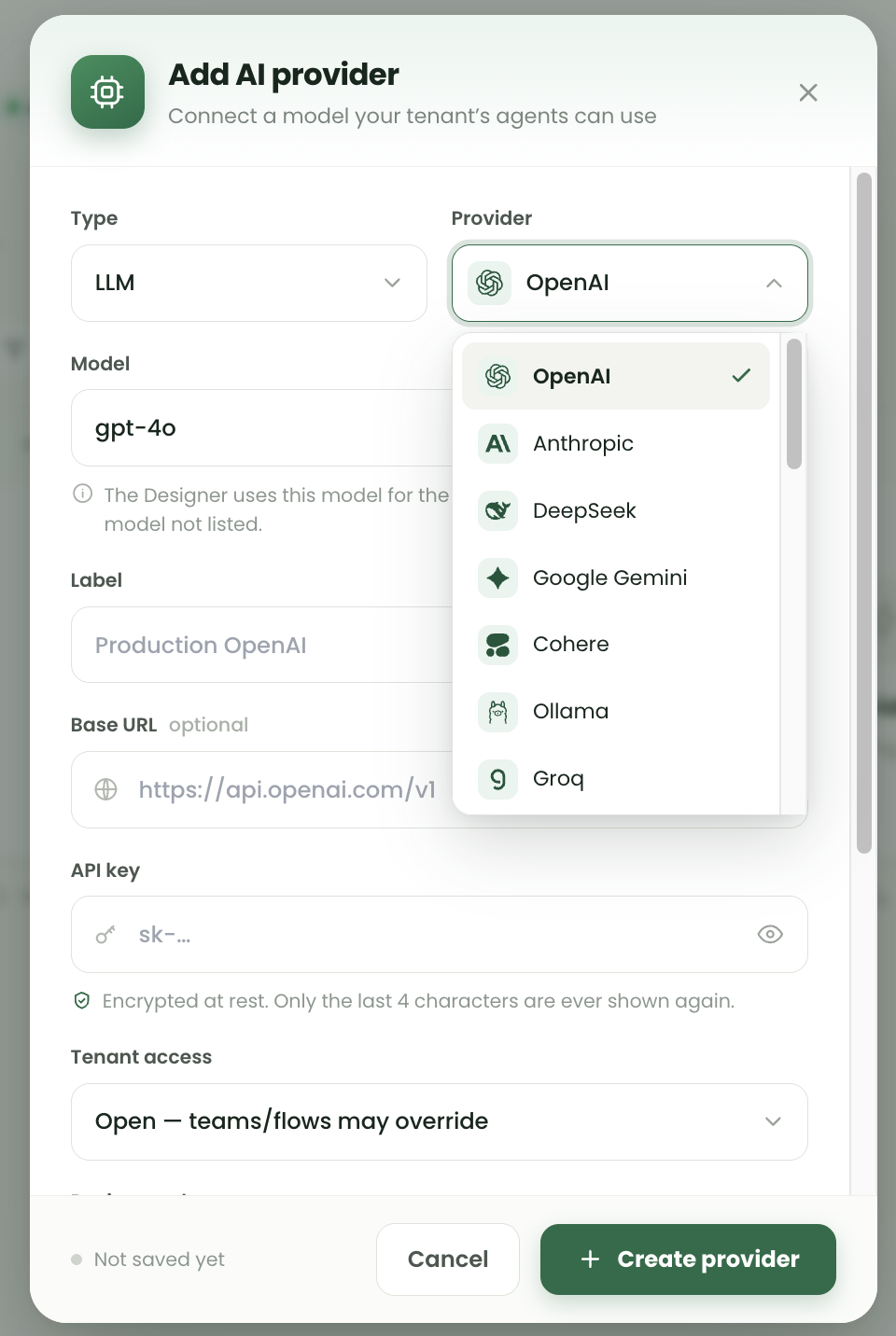 Add AI provider dialog with type, provider selector open on a list of model providers, model identifier, label, base URL, API key and tenant access fields.