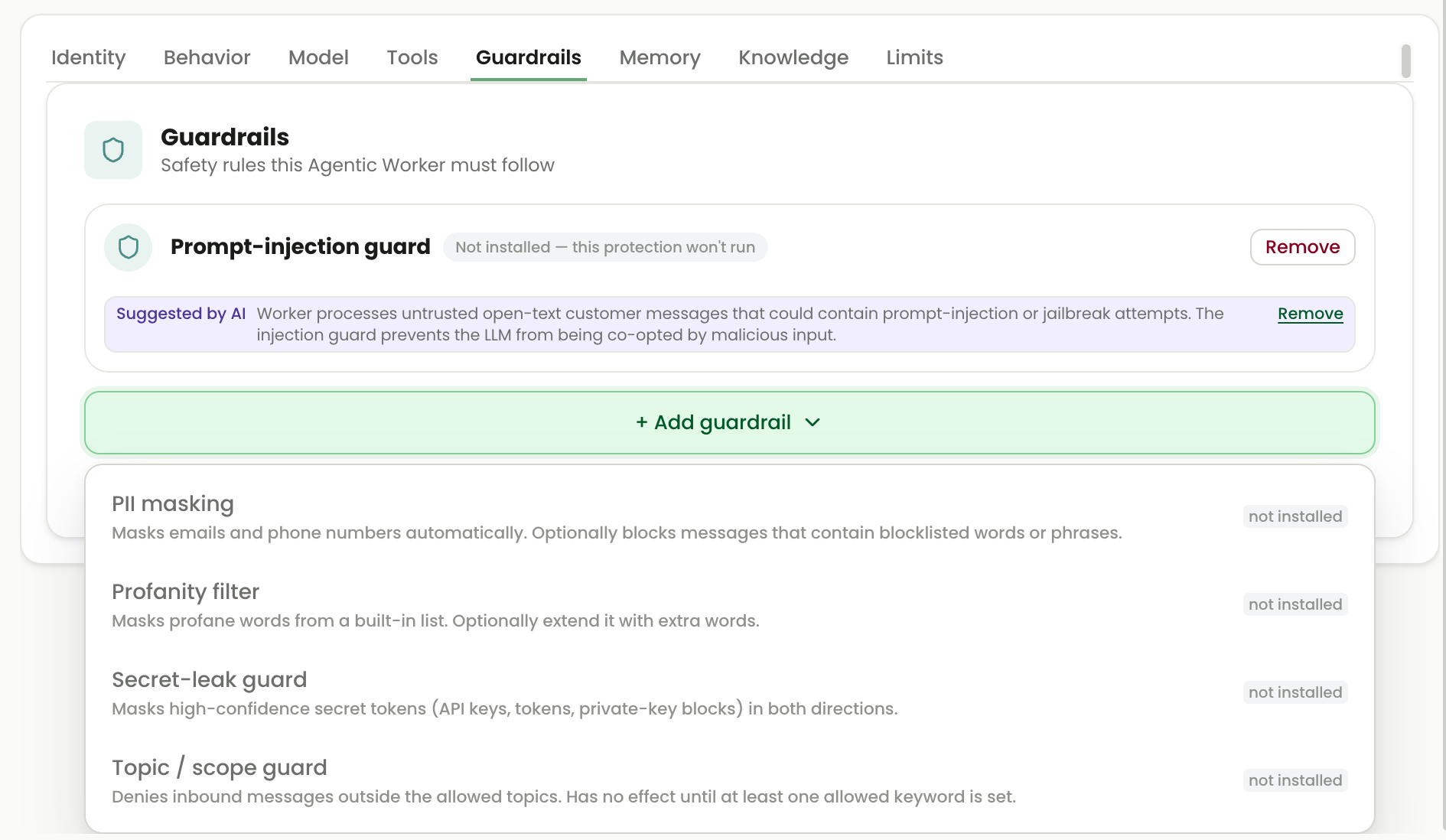 Agentic Worker Guardrails tab showing a suggested Prompt-injection guard marked Not installed, with additional PII masking, profanity, secret-leak and topic guard options.