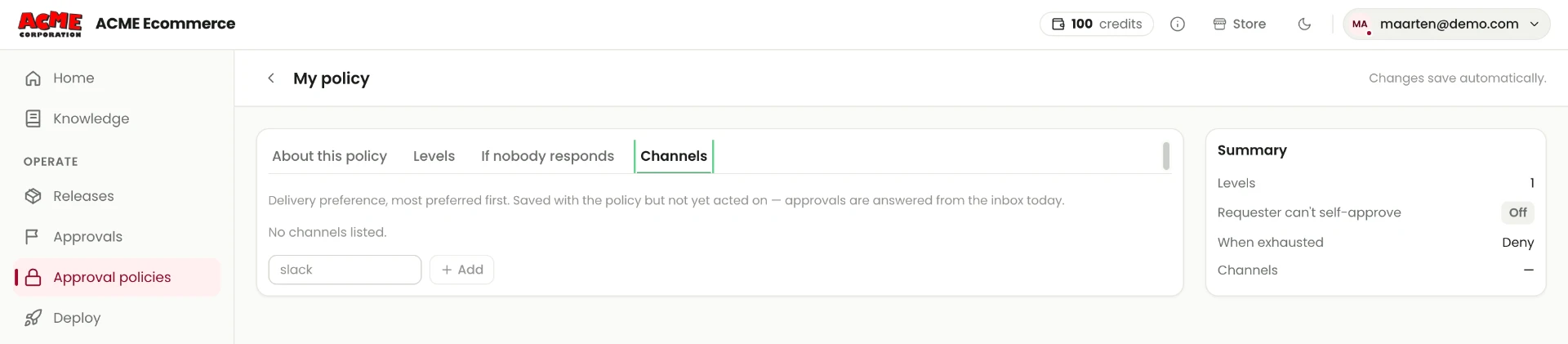 Approval policy Channels tab showing no channels listed, a channel field and a note that preferences are saved but not yet acted on.