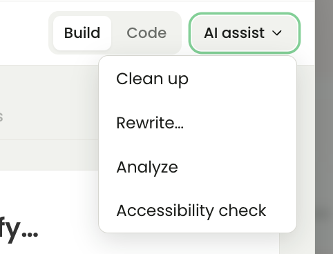 Adaptive Card Designer AI assist menu showing Clean up, Rewrite, Analyze and Accessibility check.