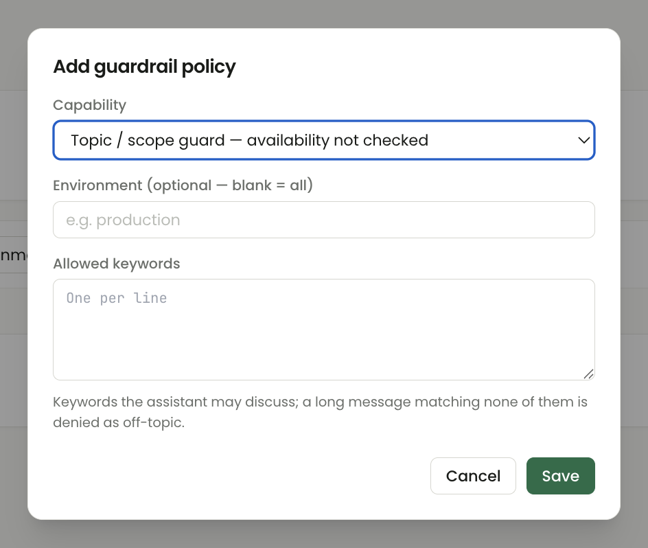 Add guardrail policy dialog with Topic or scope guard selected, an optional Environment field and an Allowed keywords text area.