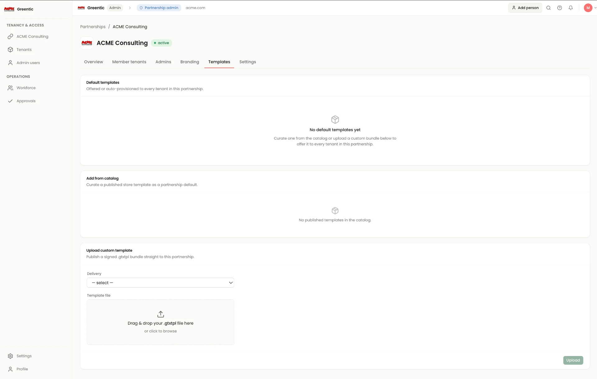 Partnership Templates tab showing empty Default templates, an Add from catalog panel and an Upload custom template panel with delivery selector and .gtxtpl drag and drop area.