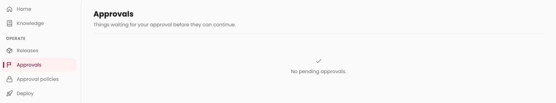 Designer Approvals page with an empty state saying No pending approvals.