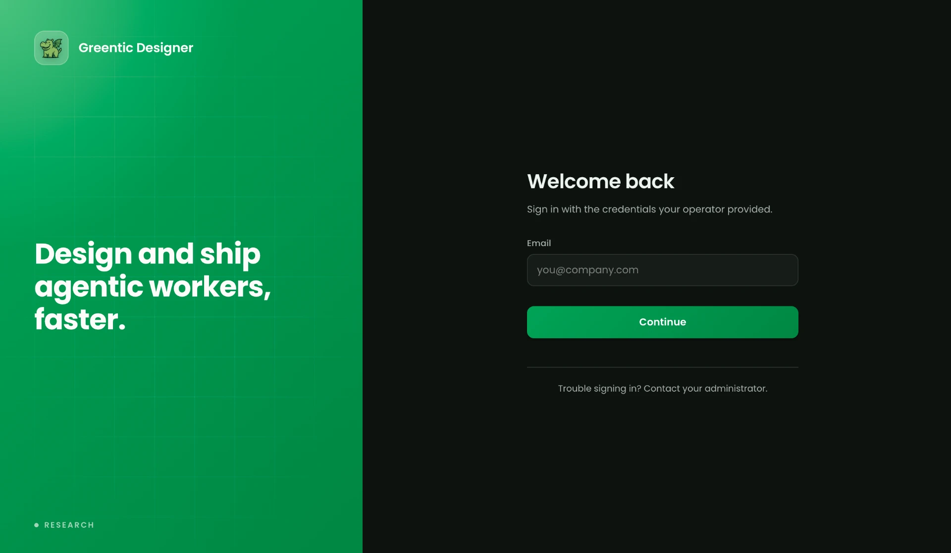 Greentic Designer sign-in page with the default green Greentic identity, logo and Continue button.