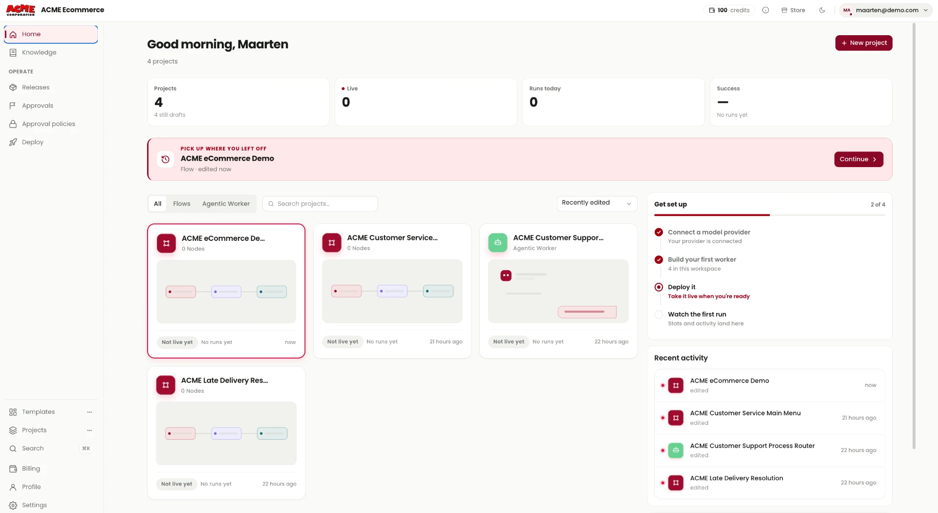 Greentic Designer Home dashboard showing project cards, workspace setup progress, recent activity and navigation to Knowledge, Releases, Approvals and Deploy.
