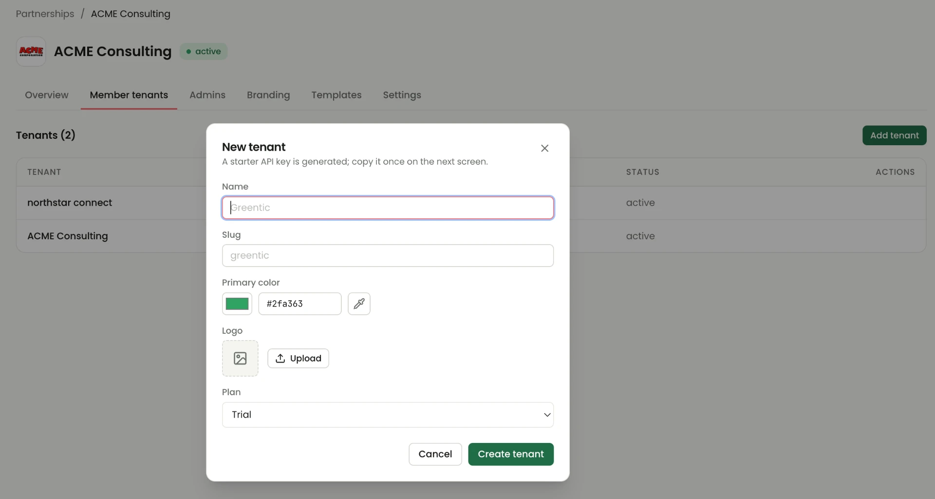 New tenant dialog opened from the partnership Member tenants tab, with name, slug, primary colour, logo upload and plan fields plus Cancel and Create tenant buttons.