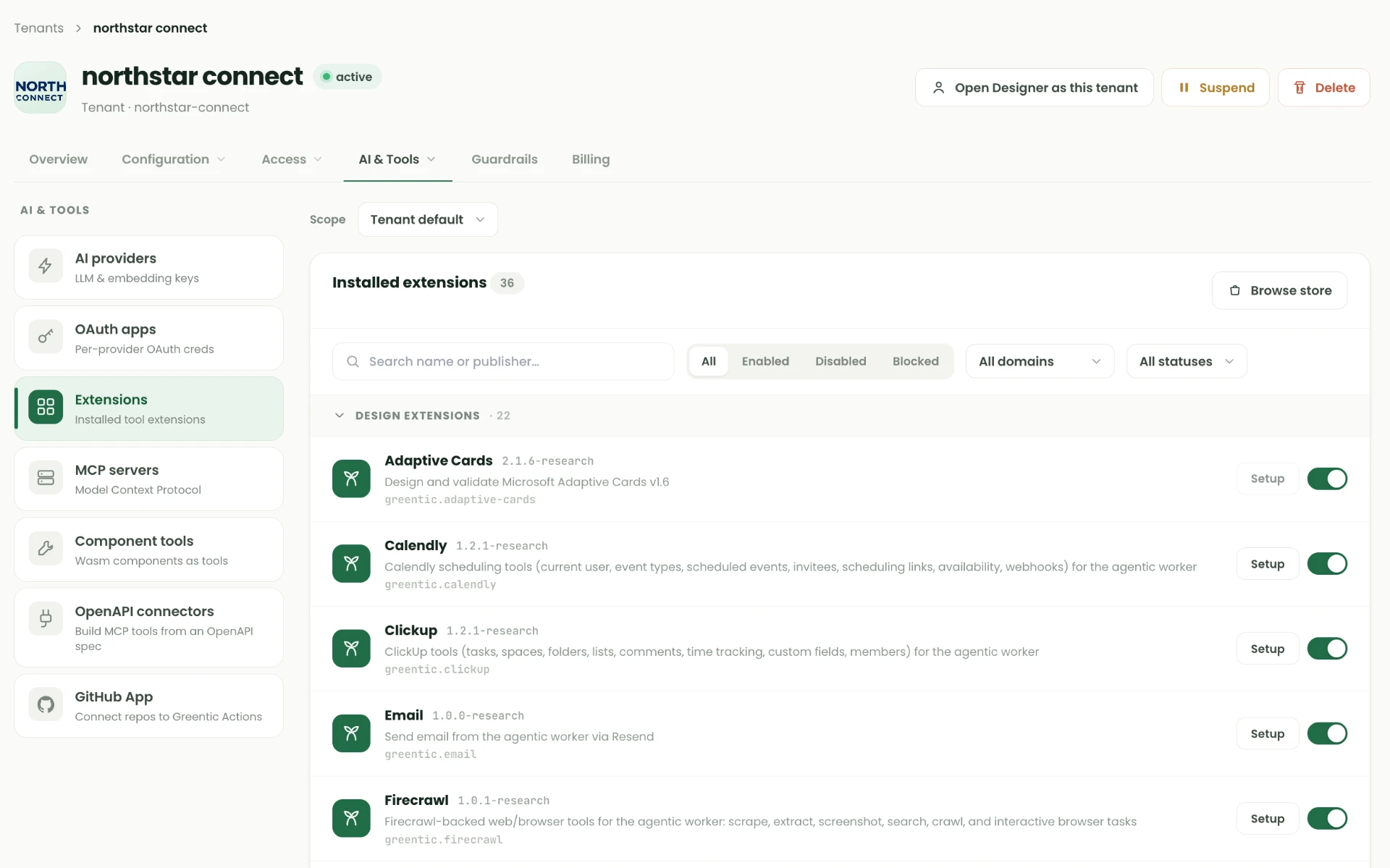 Installed extensions list for a tenant with scope selector, search, status filters, Browse store button and per-extension Setup buttons and enable toggles.