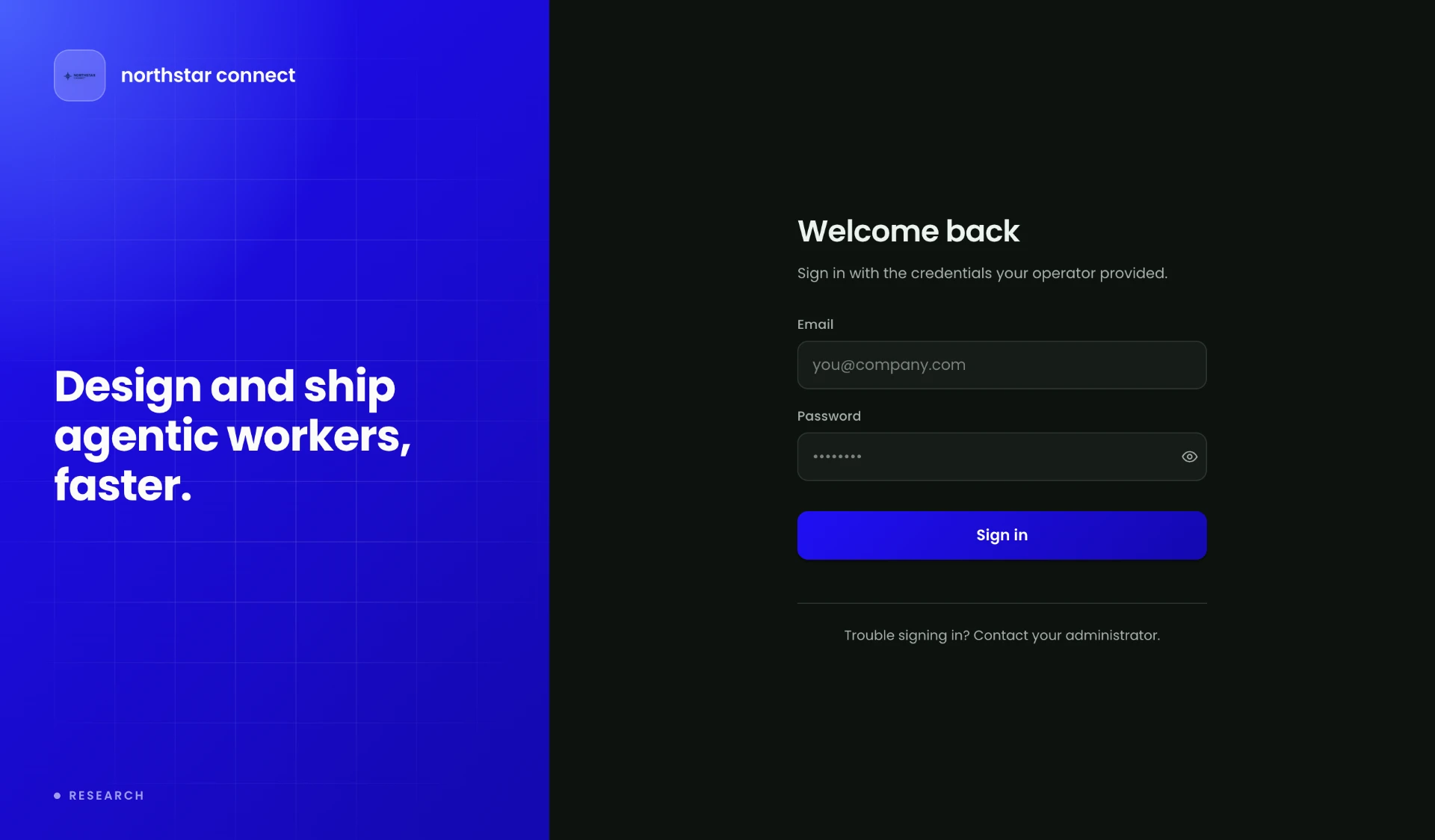 Northstar Connect branded Designer sign-in page with a blue gradient panel and Northstar logo.