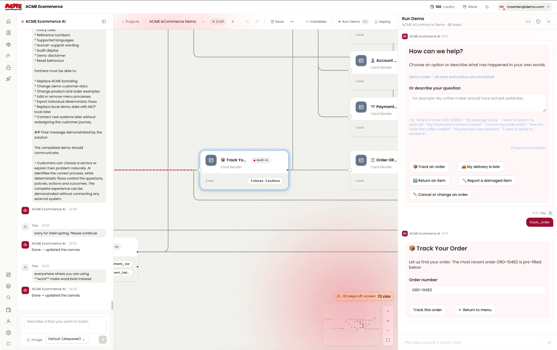 Greentic Flow Editor Run Demo showing a customer-service main menu, the user selecting track order and a Track Your Order card with a prefilled fictional order number and two buttons.