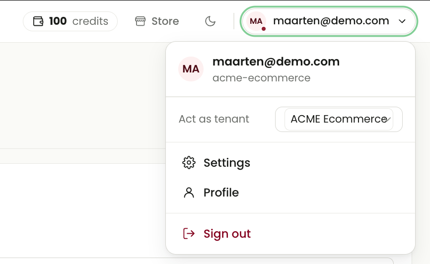 Designer account menu showing the signed-in user, active ACME Ecommerce workspace, Settings, Profile and Sign out.