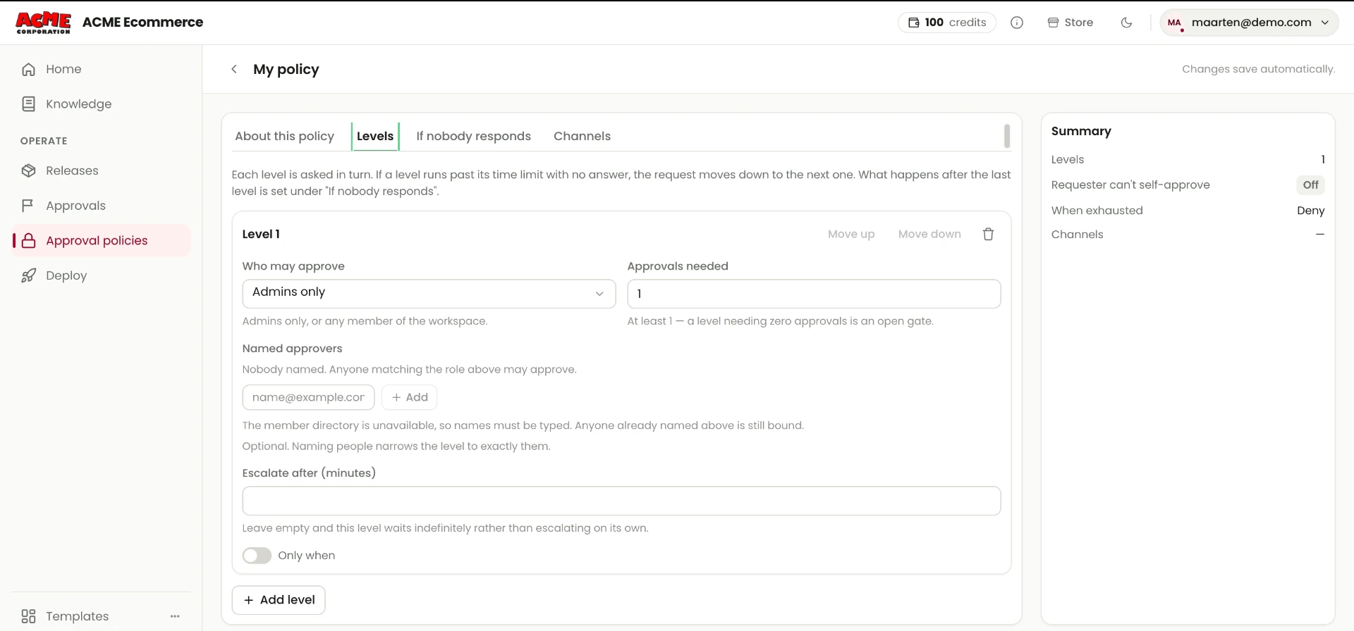 Approval policy Levels tab showing Level 1, Who may approve, Approvals needed, Named approvers, Escalate after and Add level.