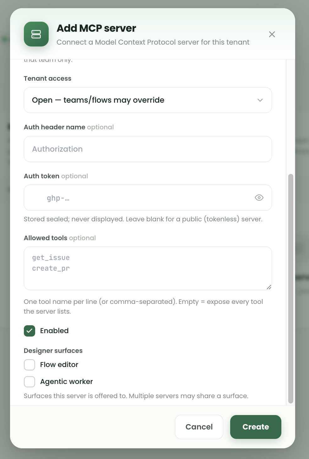 Lower part of the Add MCP server dialog showing the allowed tools allow-list, the enabled checkbox and Designer surface checkboxes for flow editor and agentic worker.