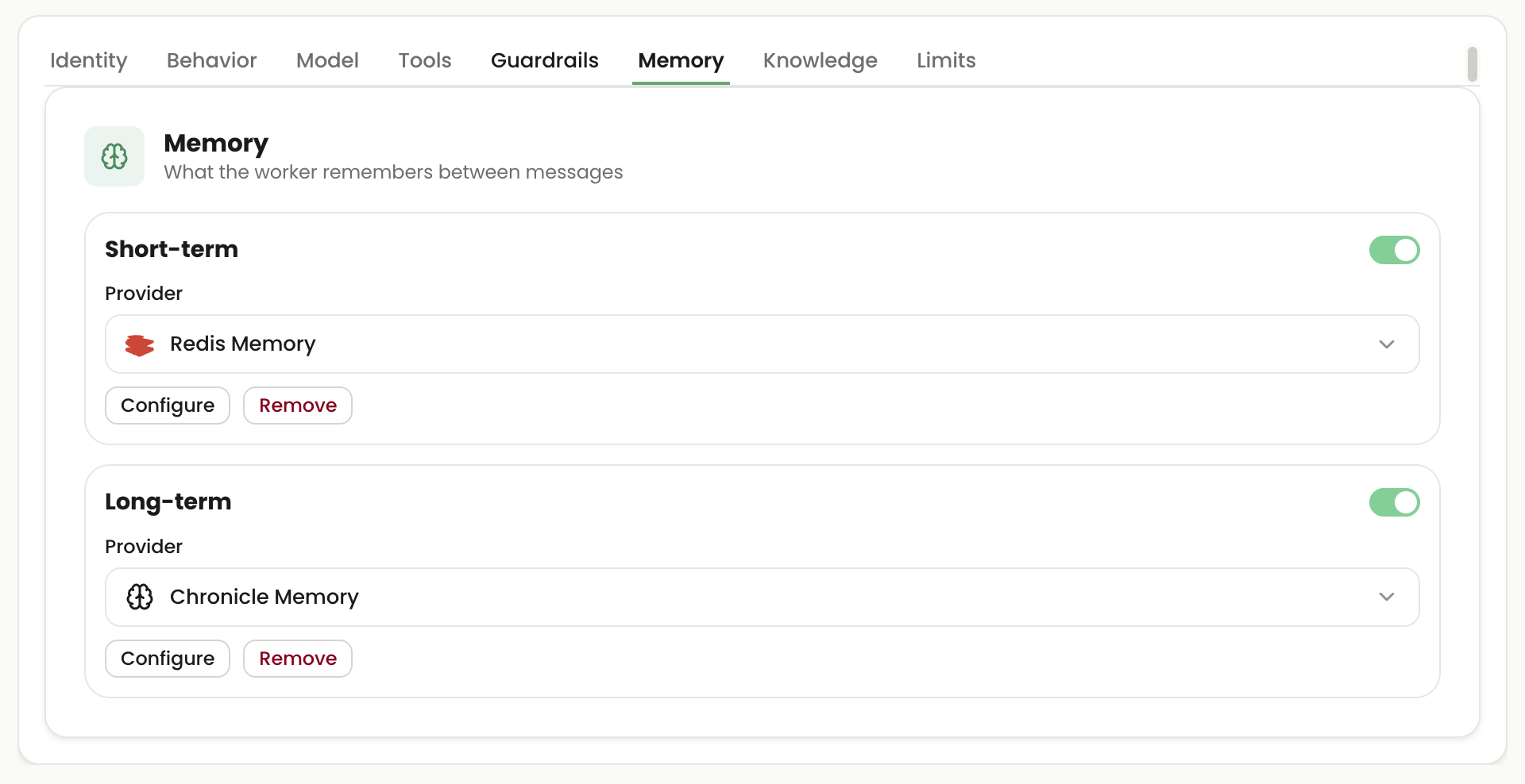 Agentic Worker Memory tab showing enabled short-term and long-term memory providers with Configure and Remove actions.