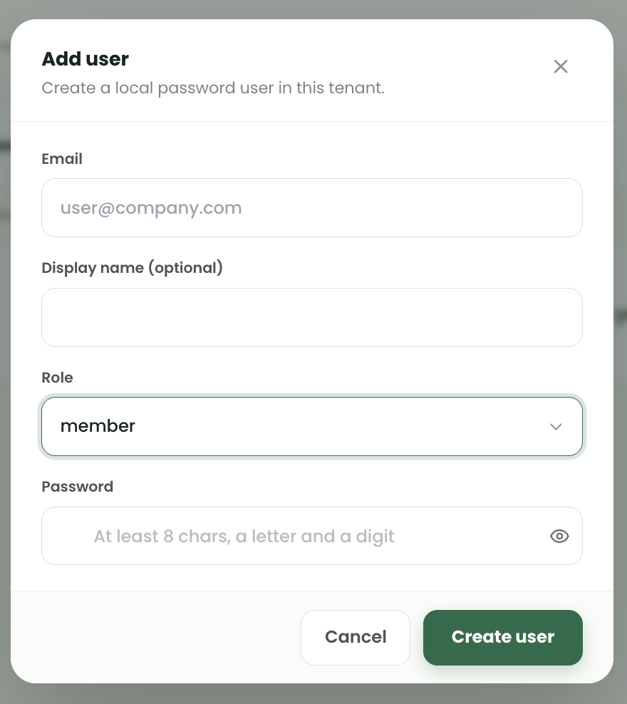 Add user dialog with fields for email, optional display name, role selector and password, plus Cancel and Create user buttons.