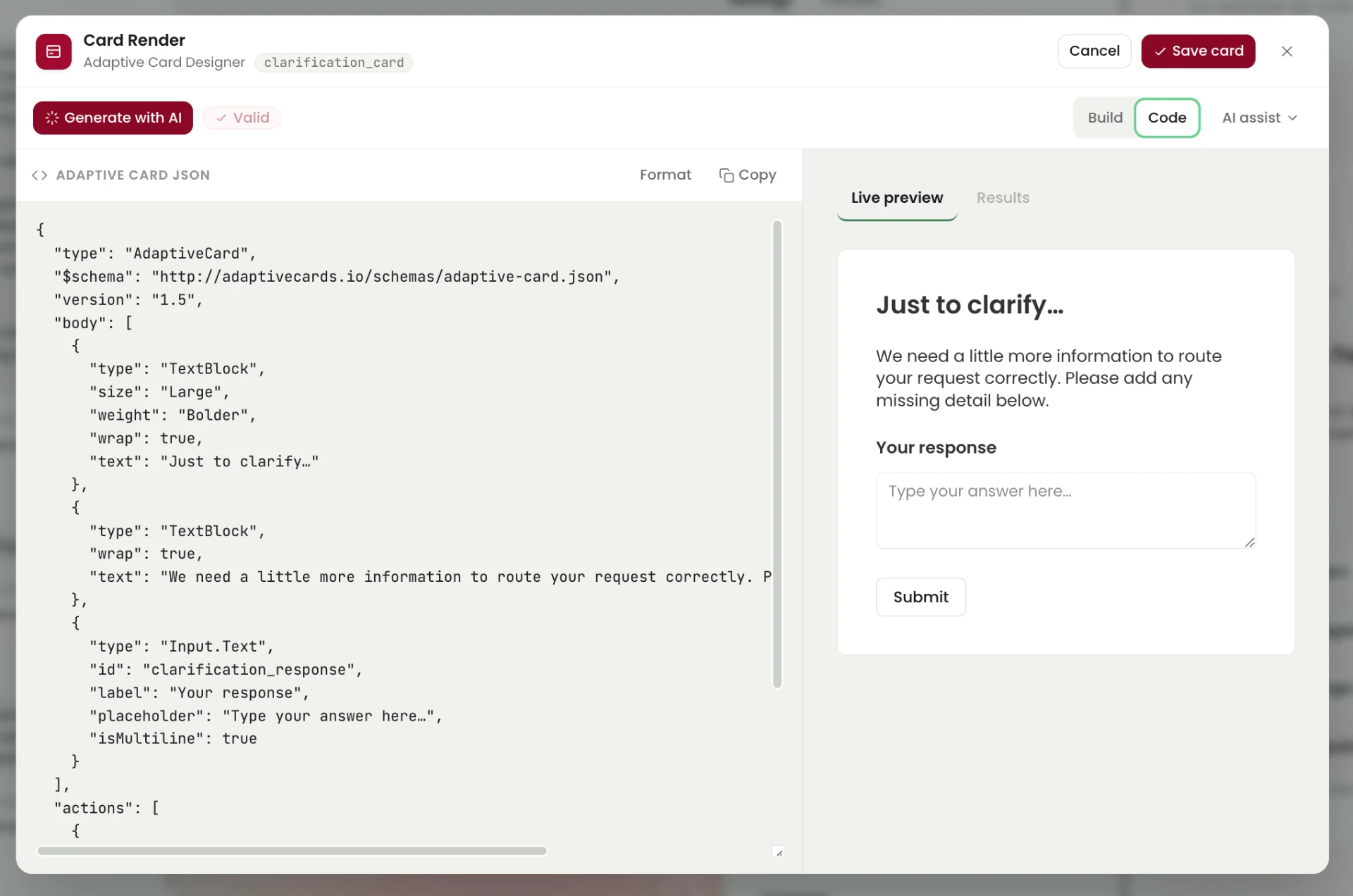 Adaptive Card Designer Code mode showing Adaptive Card JSON, Format and Copy controls and a live clarification-card preview.