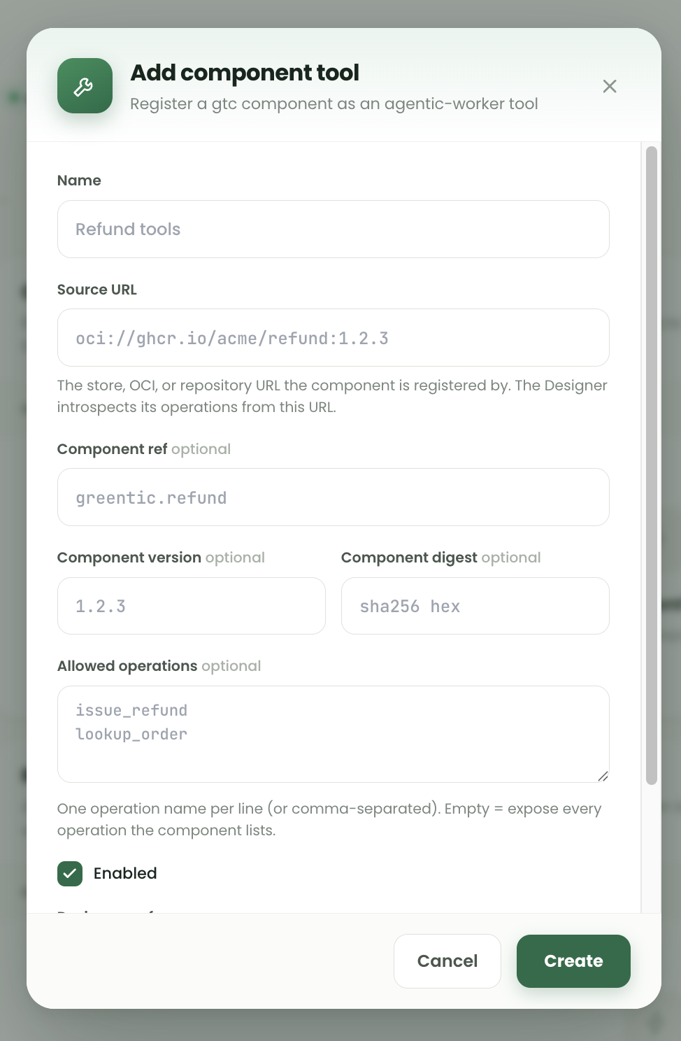 Add component tool dialog with name, source URL, component reference, version, digest, allowed operations and enabled fields.