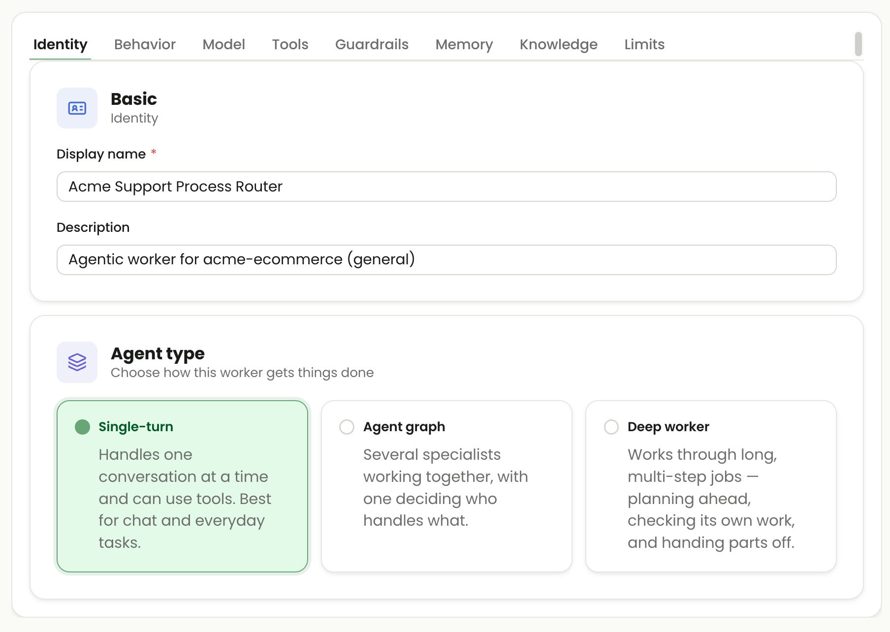 Agentic Worker Identity tab showing display name, description and Single-turn, Agent graph and Deep worker options.