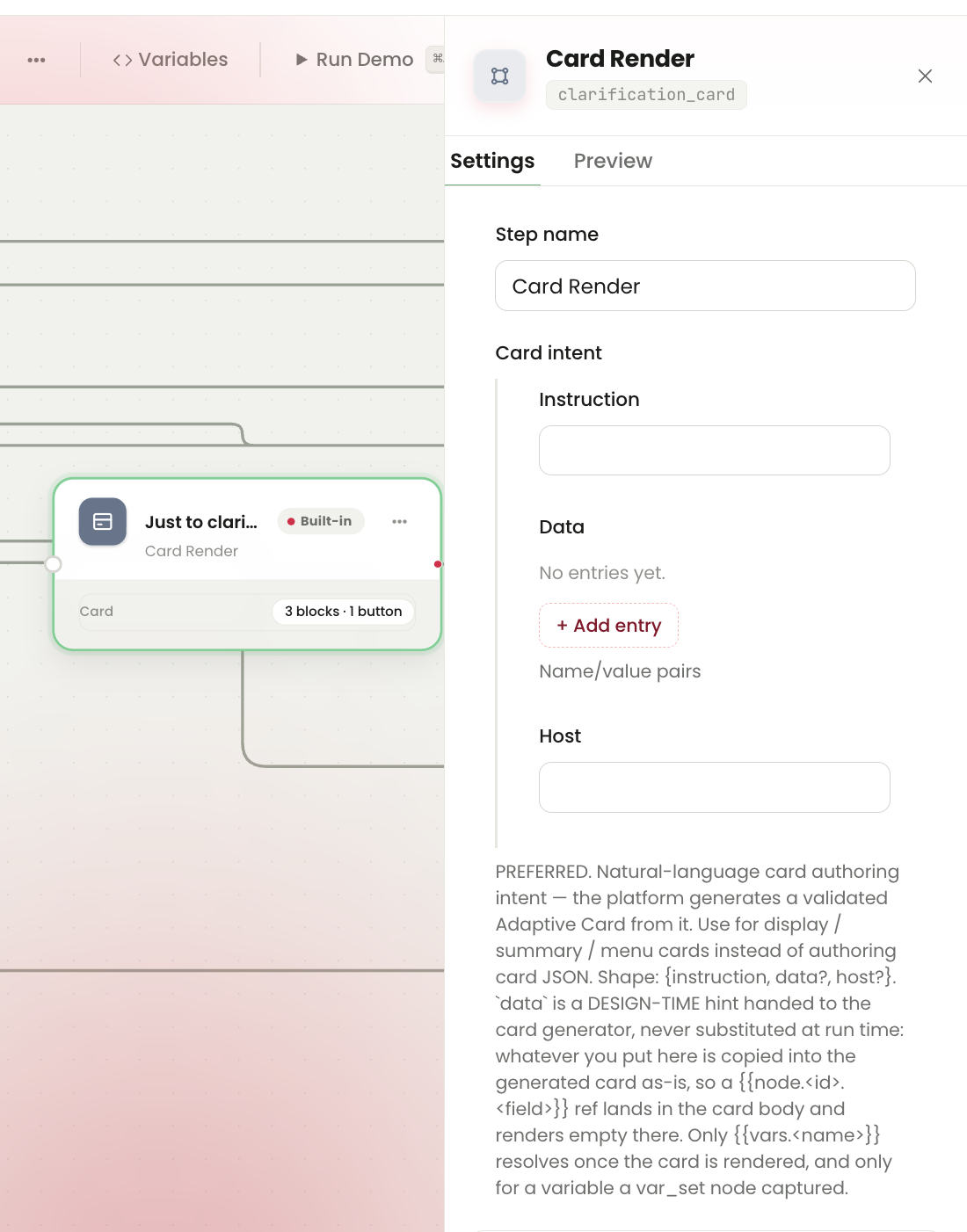 Card Render Settings panel showing Step name, Card intent Instruction, Data entries, Host and explanatory guidance about generated cards and variables.