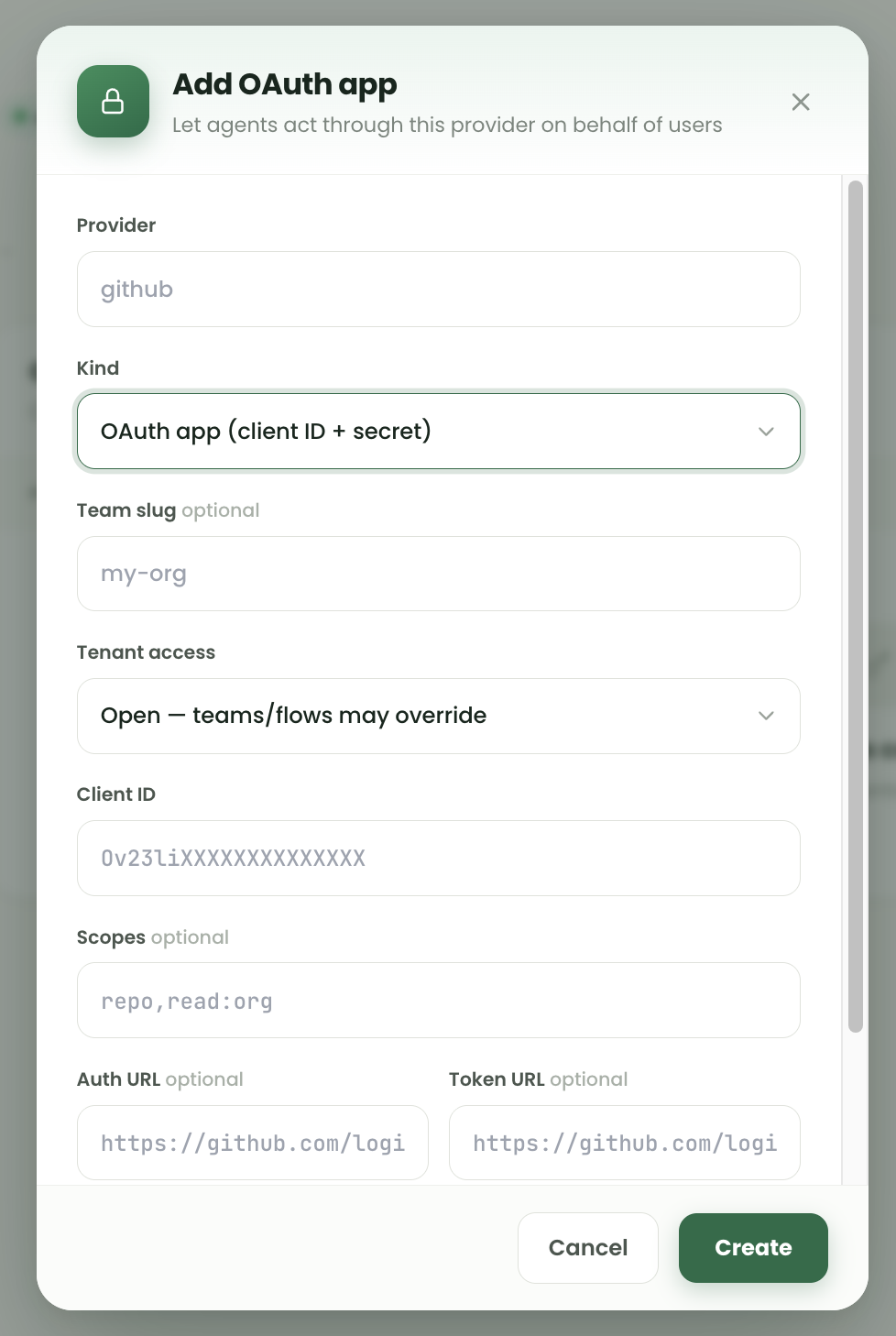 Add OAuth app dialog showing provider identifier, OAuth application kind, optional team slug, tenant access, client ID, scopes and authorisation and token URL fields.