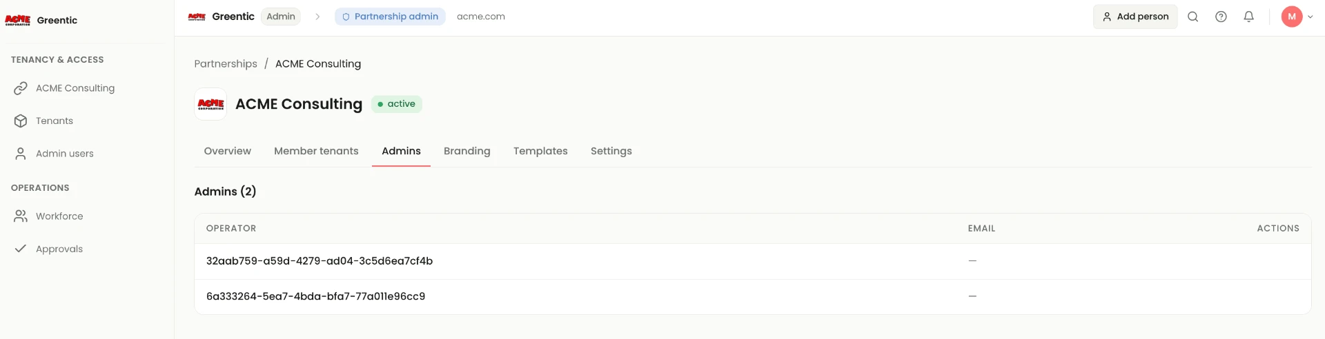 Partnership Admins tab listing two partnership administrators with operator identifiers, email column and actions column.