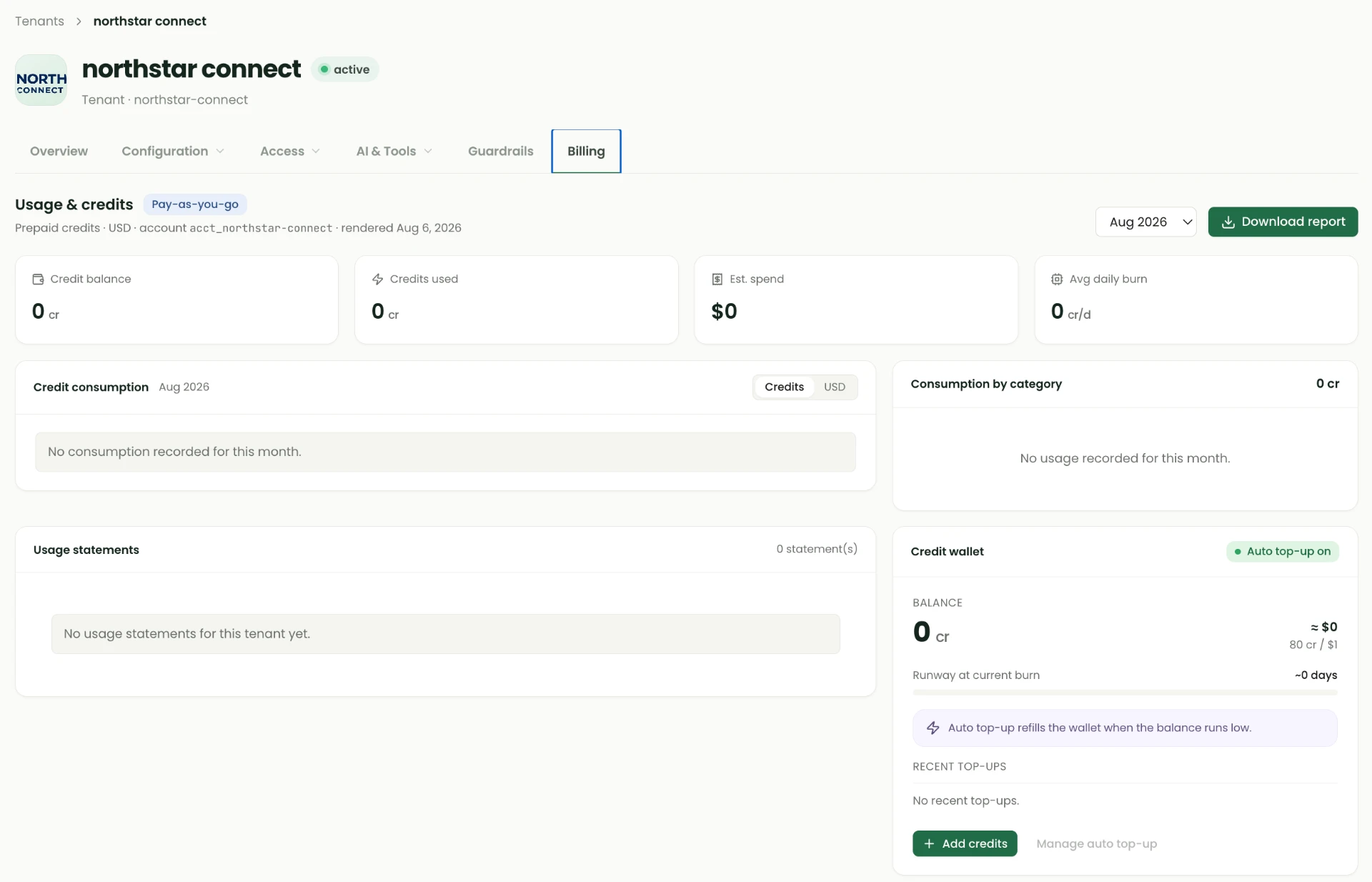 Tenant Billing screen showing credit balance, credits used, estimated spend, average daily burn, consumption panels, usage statements and the credit wallet with auto top-up.