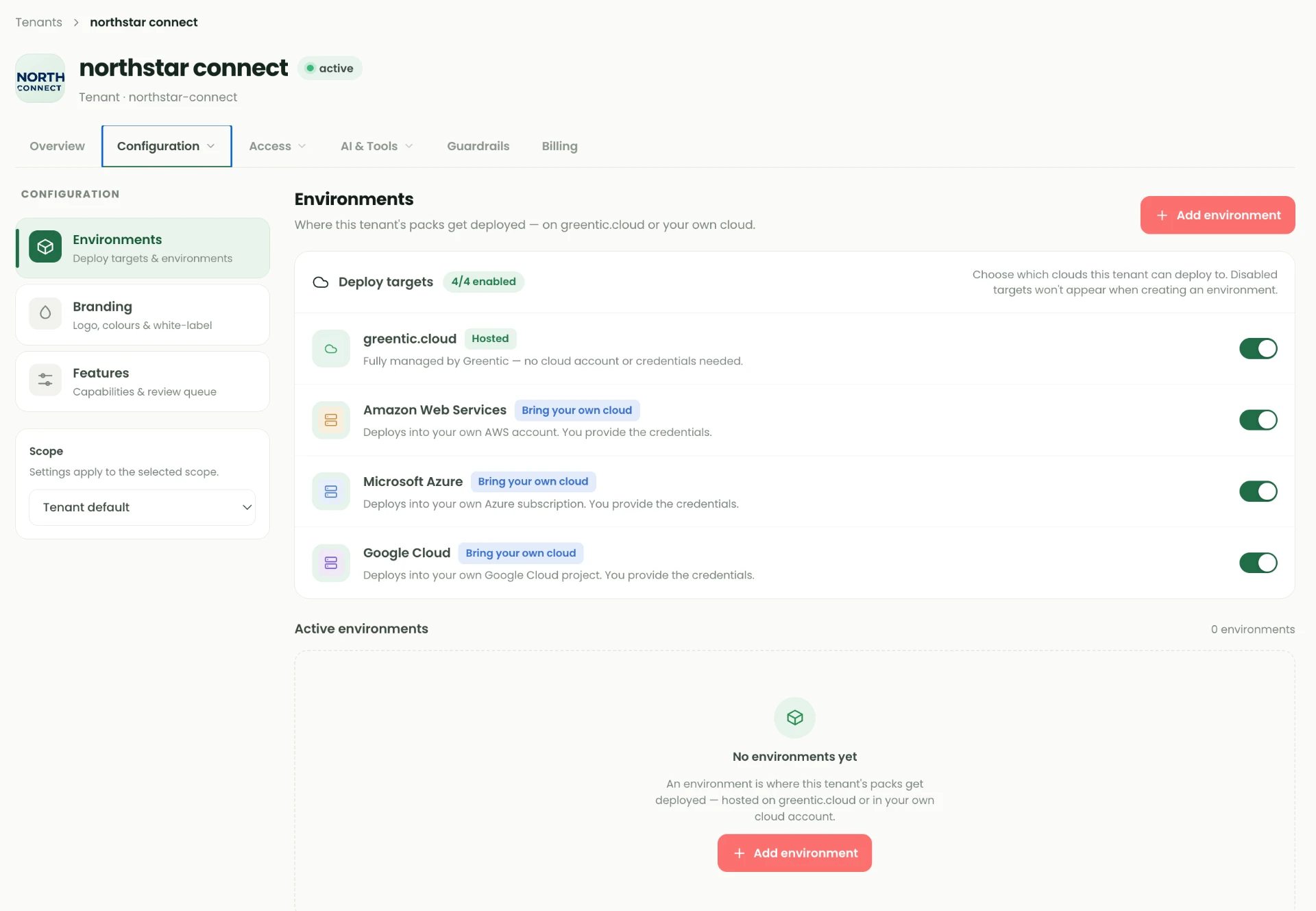 Tenant Configuration screen showing deploy targets for greentic.cloud, Amazon Web Services, Microsoft Azure and Google Cloud, with an empty active environments list.