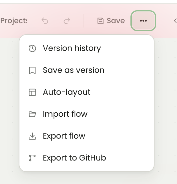 Flow Editor project menu showing Version history, Save as version, Auto-layout, Import flow, Export flow and Export to GitHub.